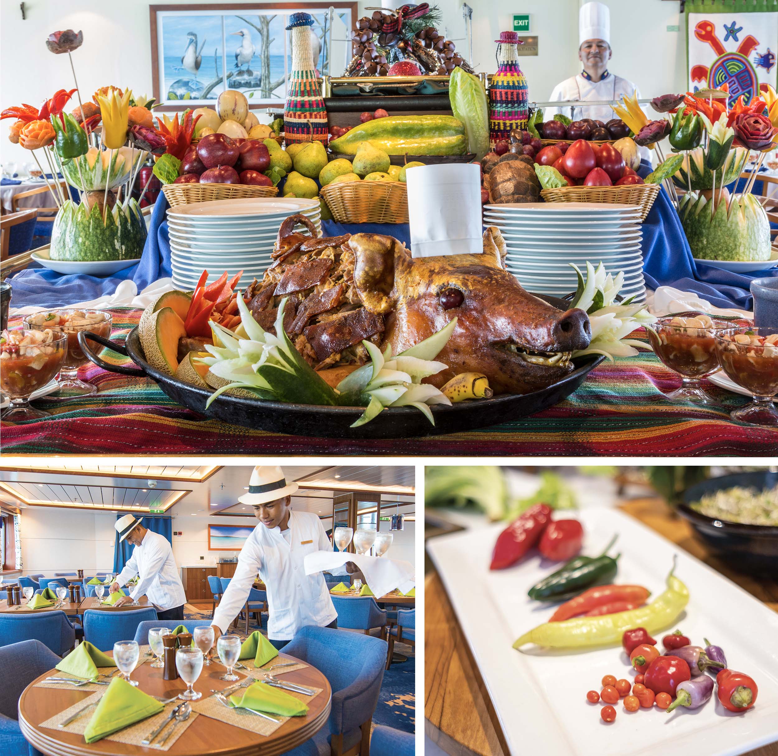 A collage of the Ecuadorian feast on the National Geographic Islander II.