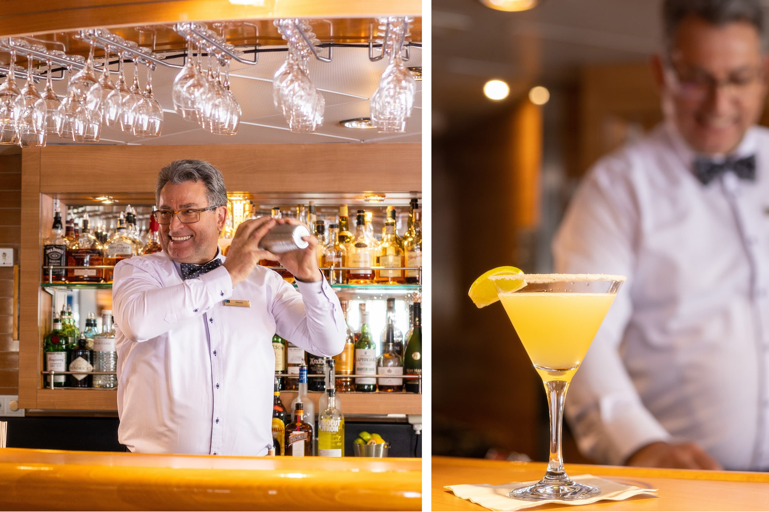 Bartender making a drink at the bar (left) and cocktail on the ship National Geographic Explorer.
