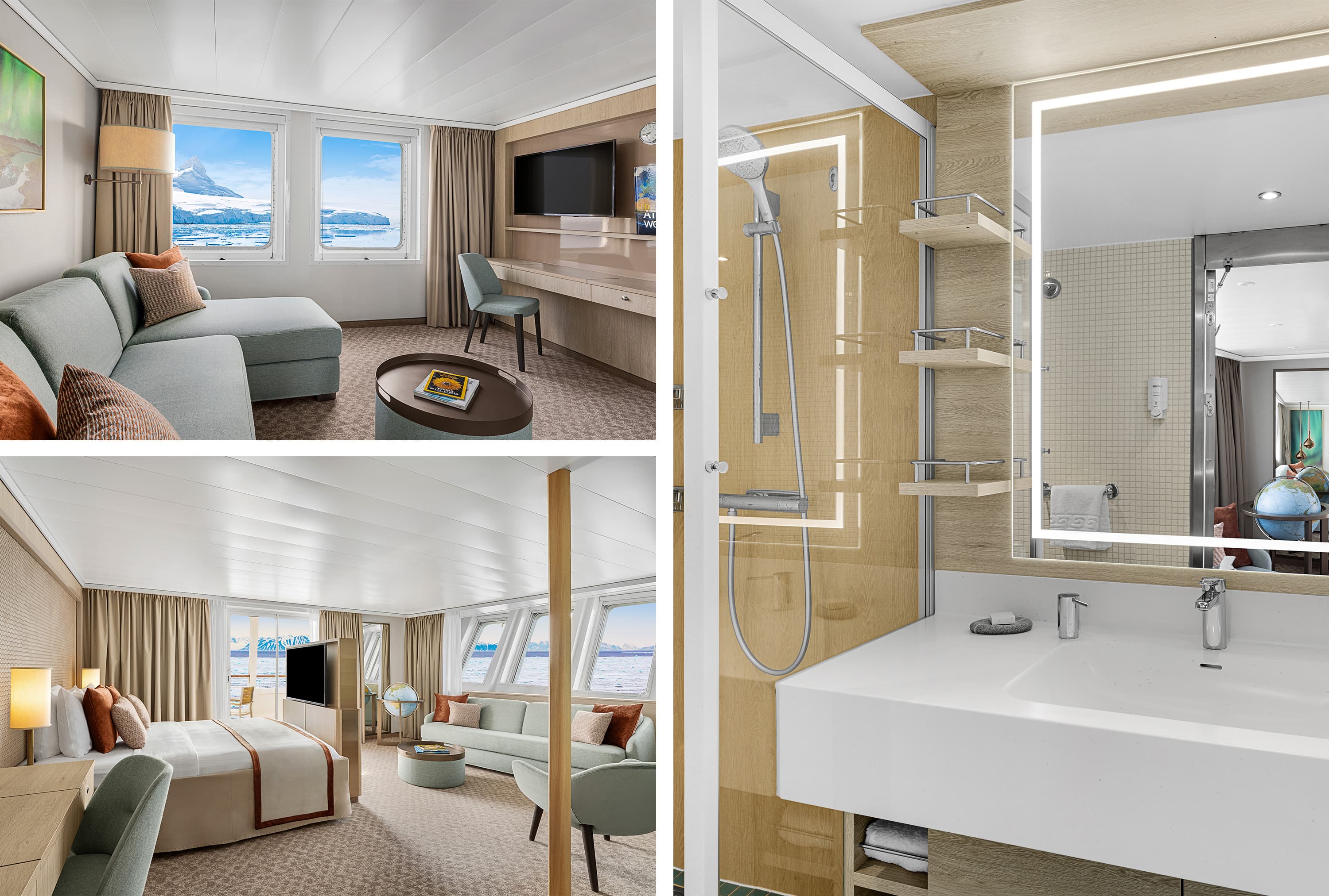 Category 6 and 7 suites and bathroom on the ship National Geographic Explorer.