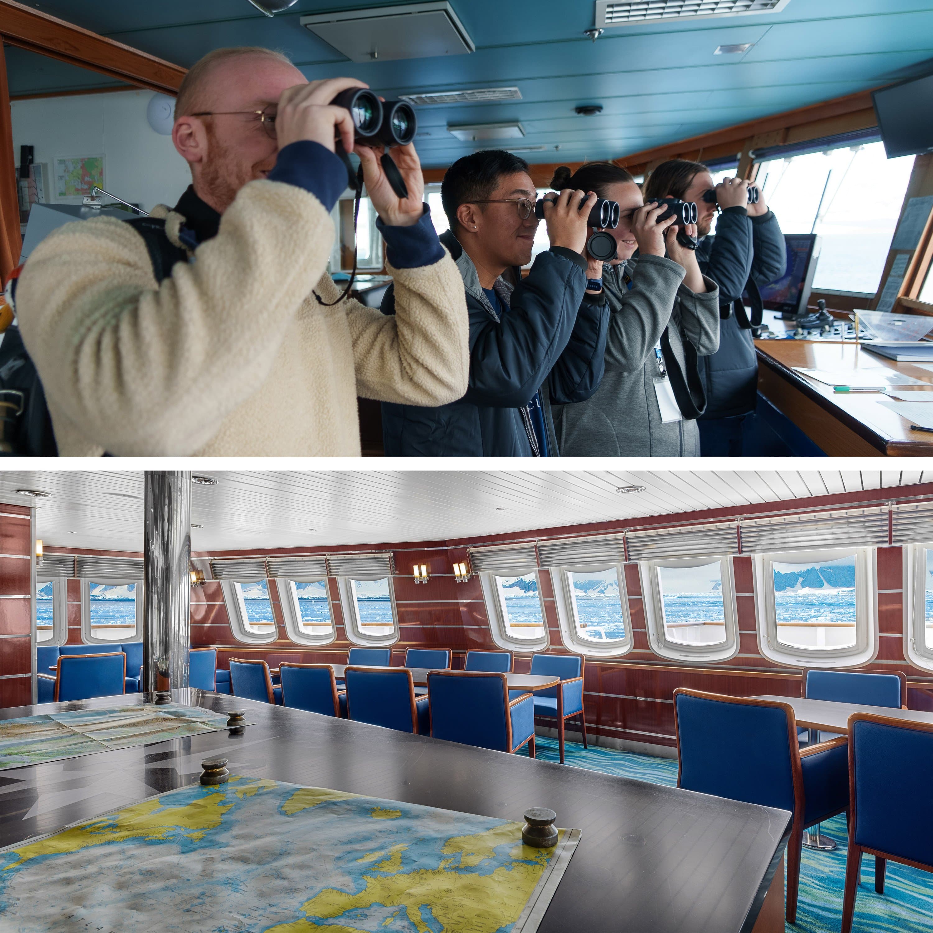 Guests look with binoculars from the Open bridge (top) and chart room (bottom) on the ship National Geographic Explorer.