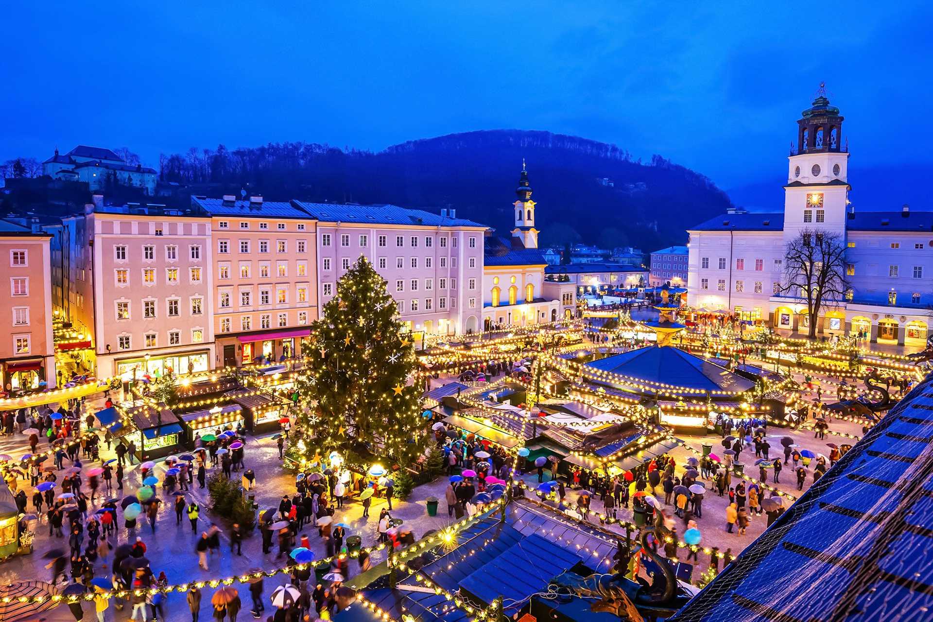 Christmas market at night in Salzburg, Austria.