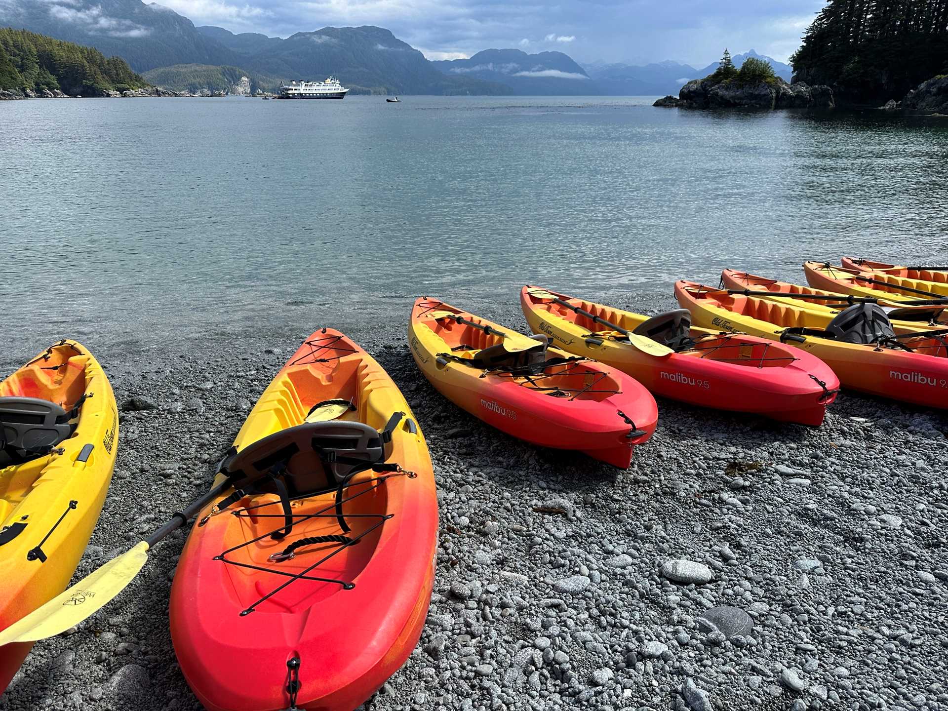 kayaks moored on the beach