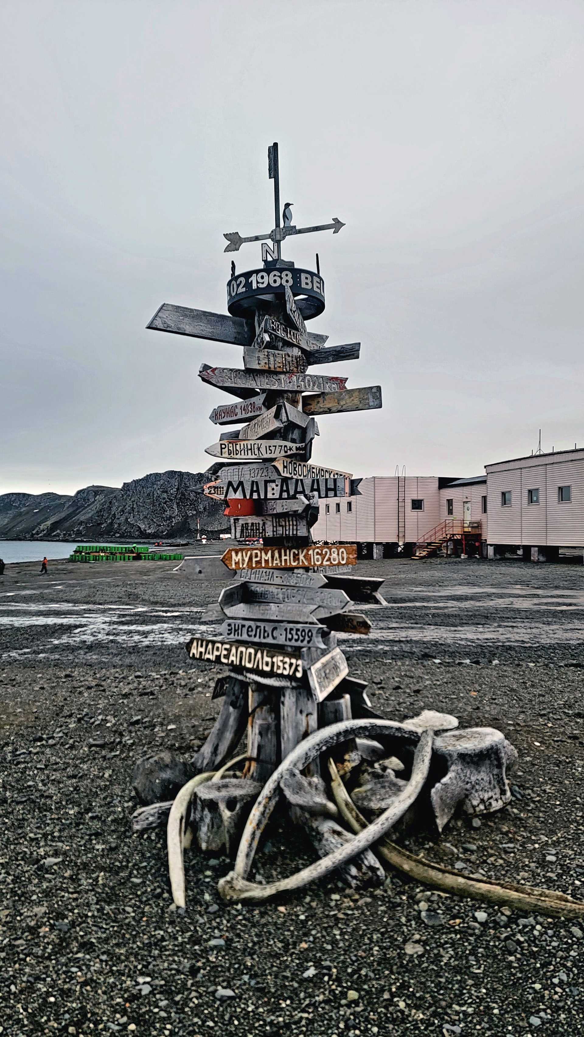 a sign post on Whaler's Bay, Antarctica