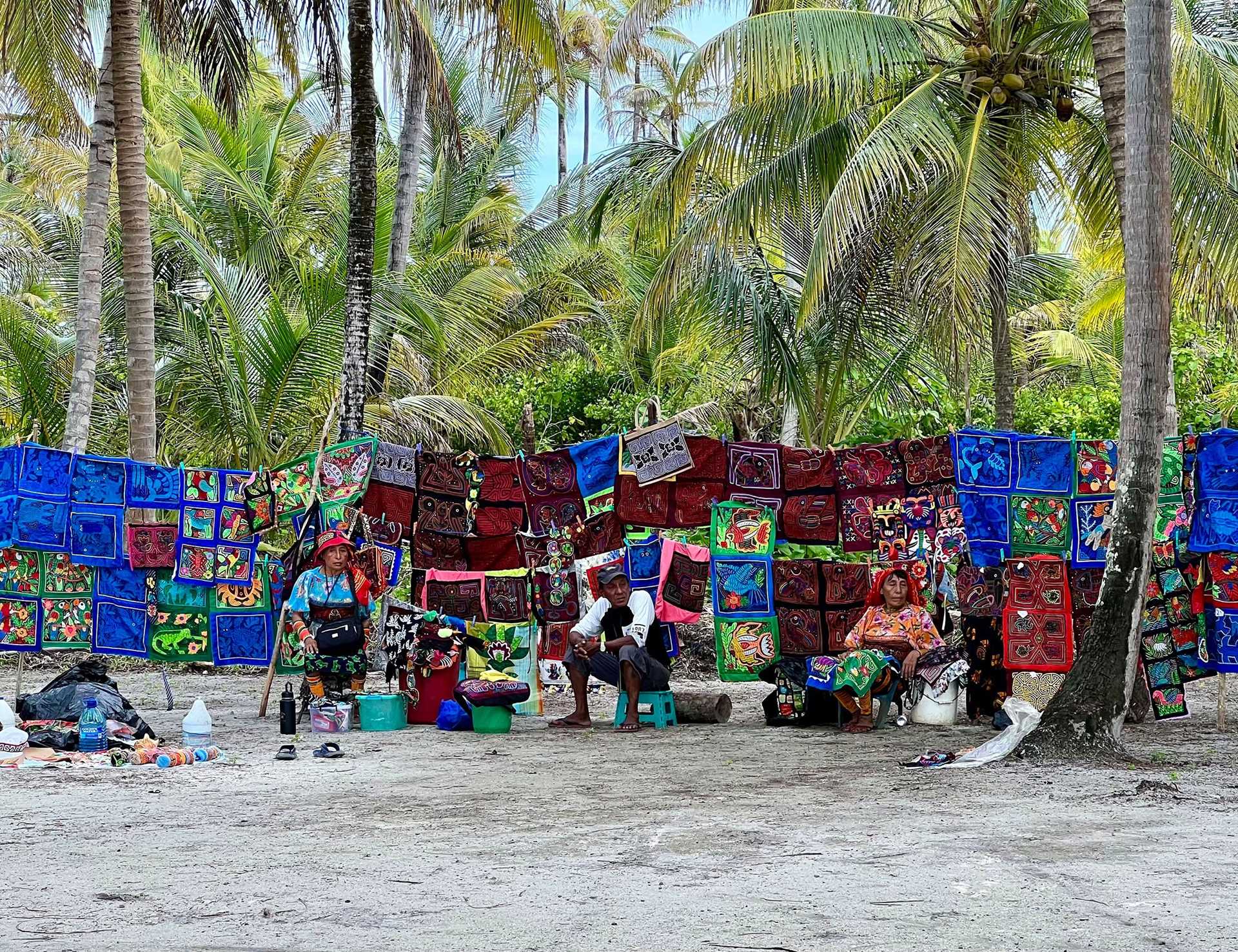 three old women selling artwork in Guna Yala, Panama