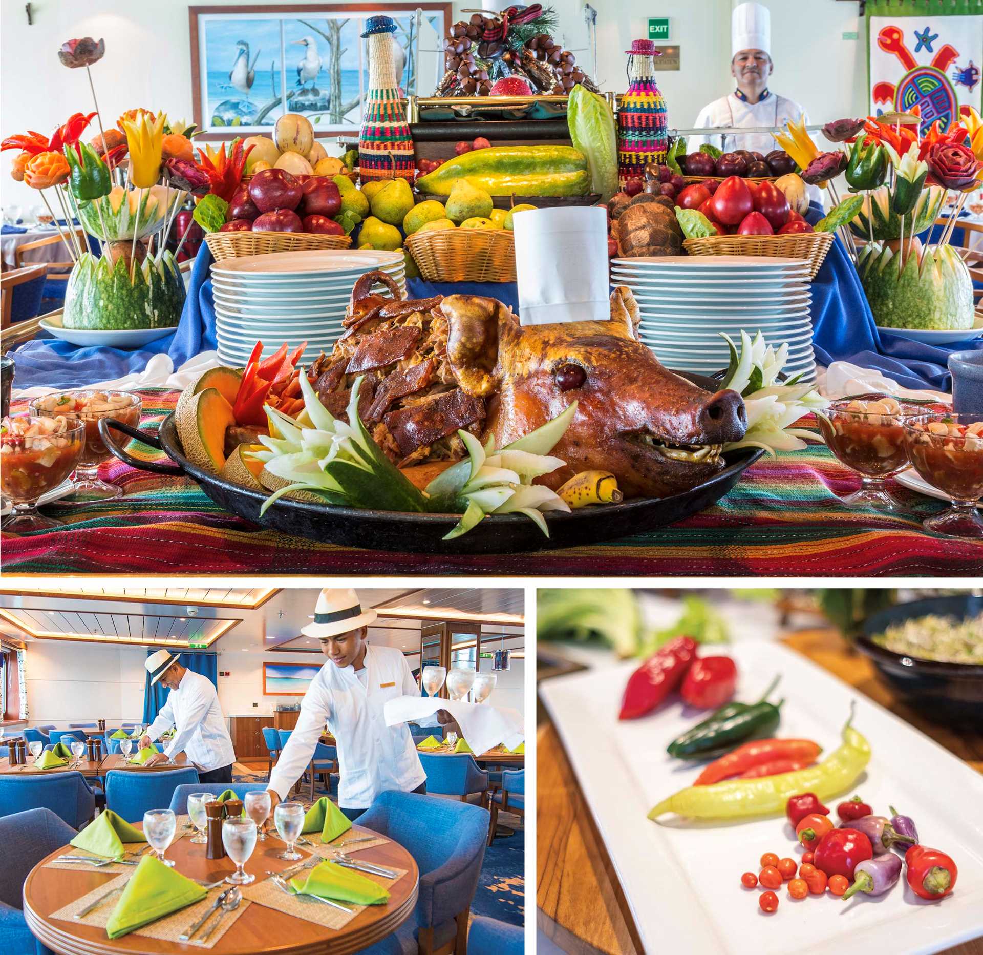 A collage of the Ecuadorian feast on the National Geographic Islander II.