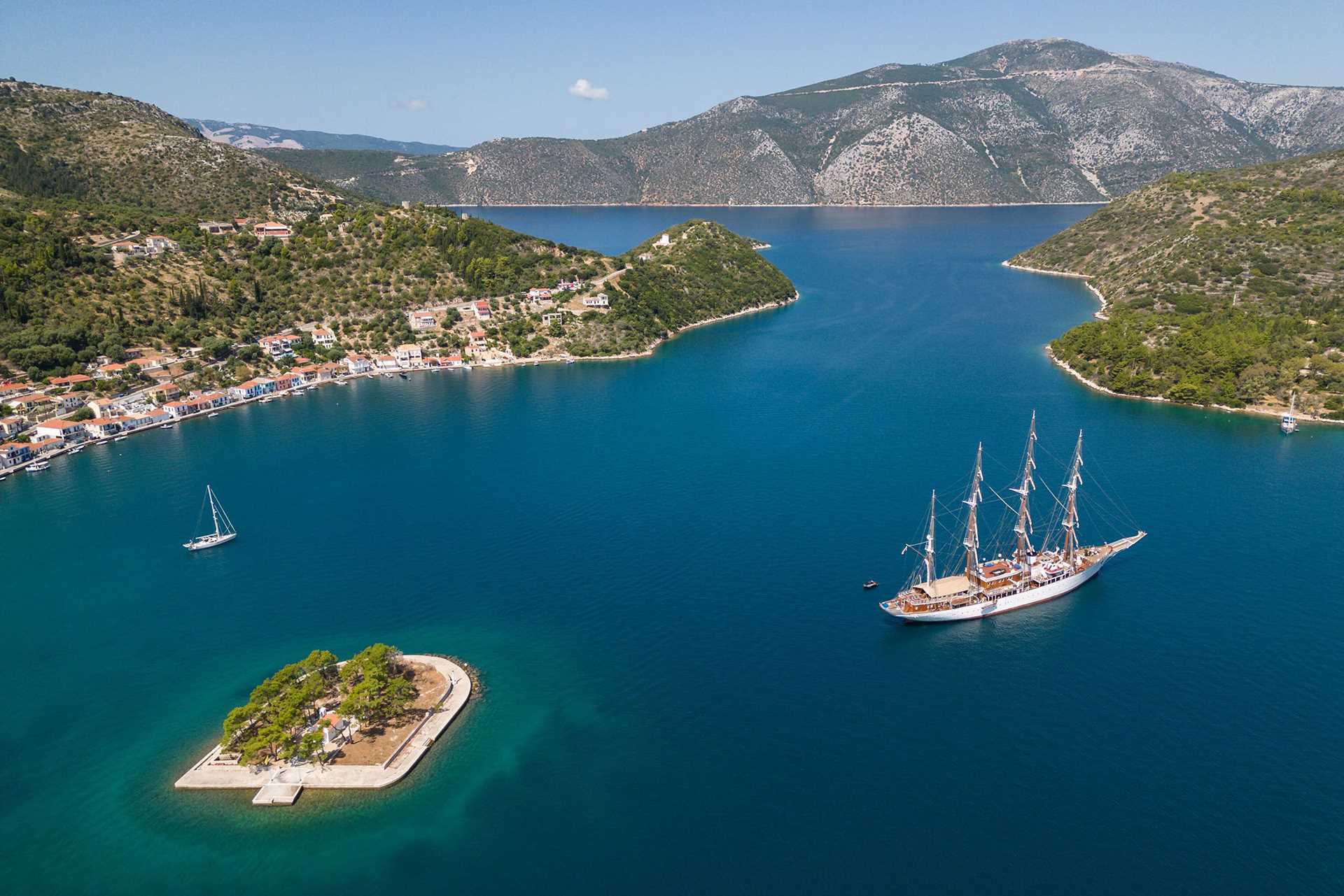 aerial view of a ship in the water