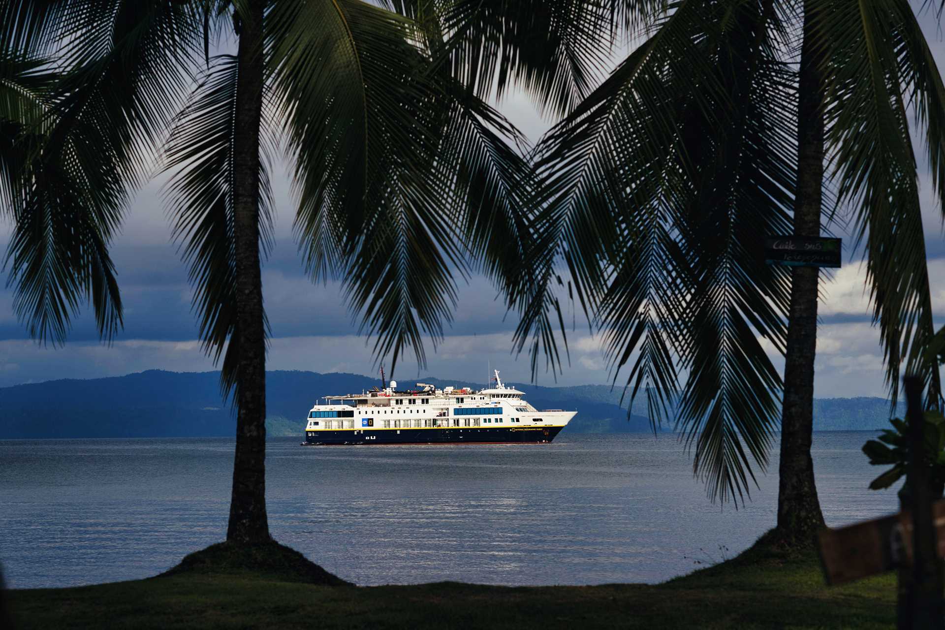 The ship National Geographic Quest anchored off the shore of Puntarenas, Costa Rica.