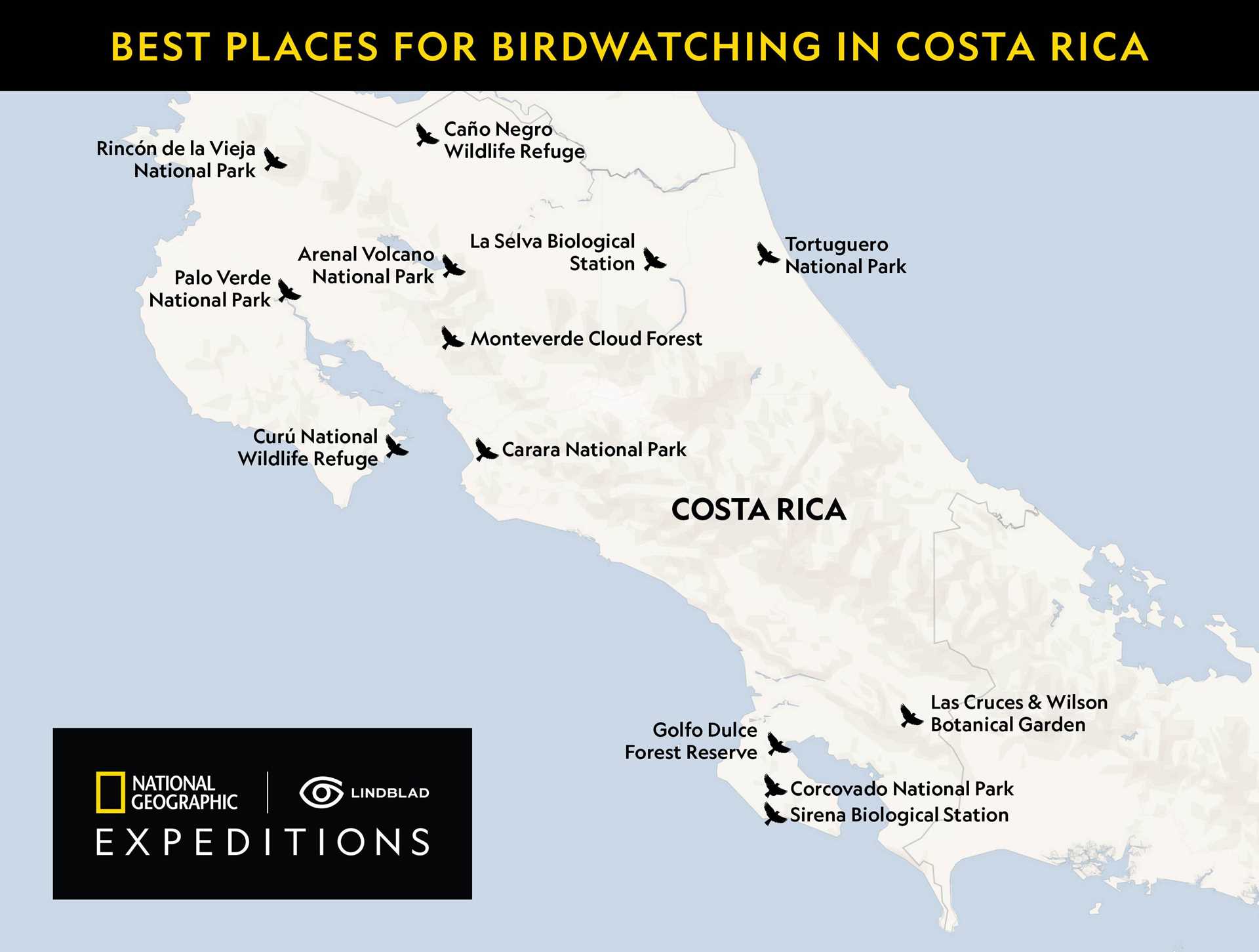Map of best birdwatching spots in Costa Rica.